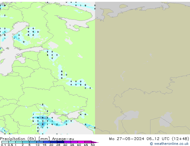 Precipitation (6h) Arpege-eu Mo 27.05.2024 12 UTC