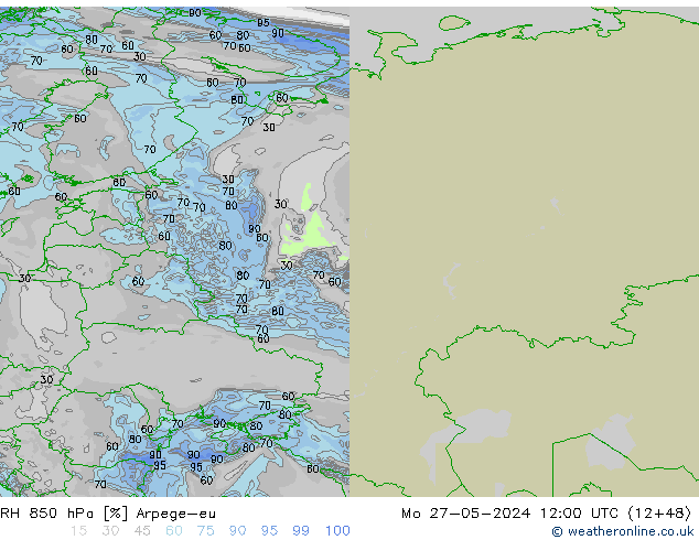 RH 850 hPa Arpege-eu Mo 27.05.2024 12 UTC