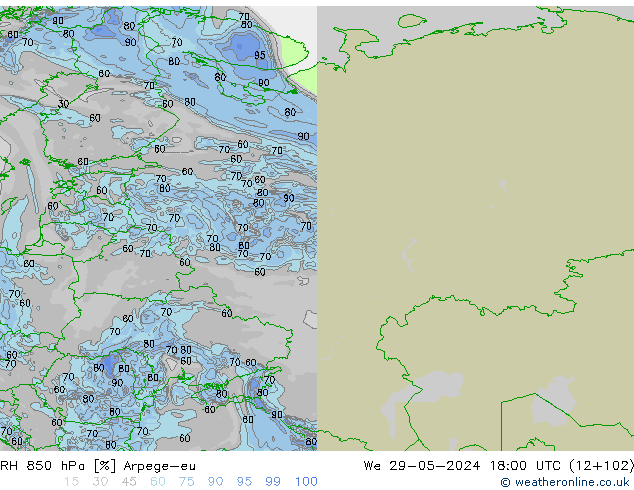 Humidité rel. 850 hPa Arpege-eu mer 29.05.2024 18 UTC