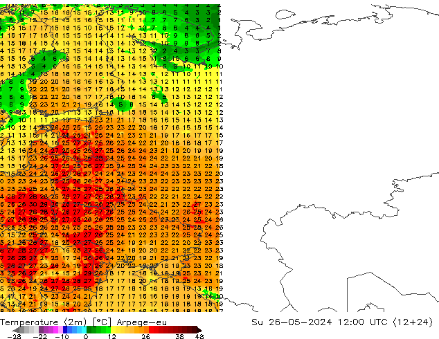 Temperatuurkaart (2m) Arpege-eu zo 26.05.2024 12 UTC