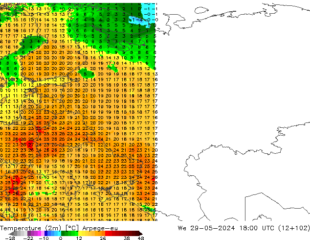 Temperaturkarte (2m) Arpege-eu Mi 29.05.2024 18 UTC