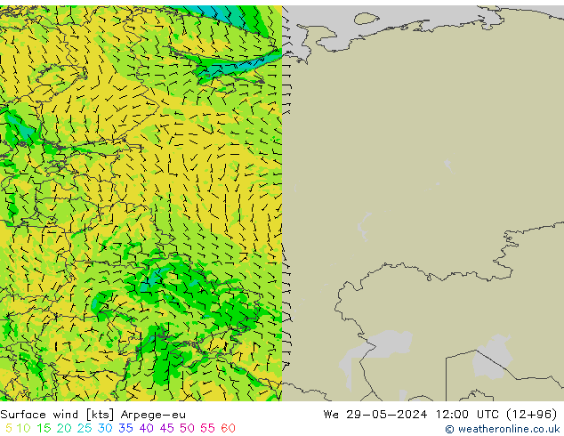 Viento 10 m Arpege-eu mié 29.05.2024 12 UTC