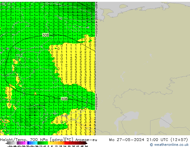 Height/Temp. 700 hPa Arpege-eu Mo 27.05.2024 21 UTC