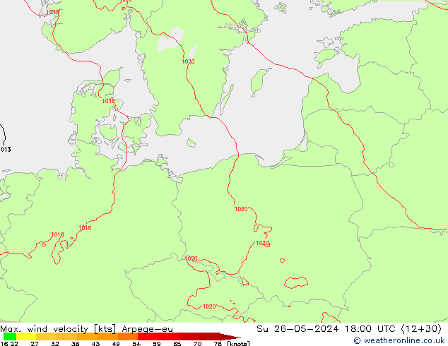 Max. wind velocity Arpege-eu Su 26.05.2024 18 UTC