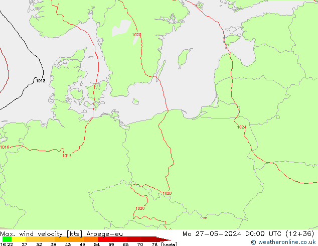 Max. wind velocity Arpege-eu Mo 27.05.2024 00 UTC