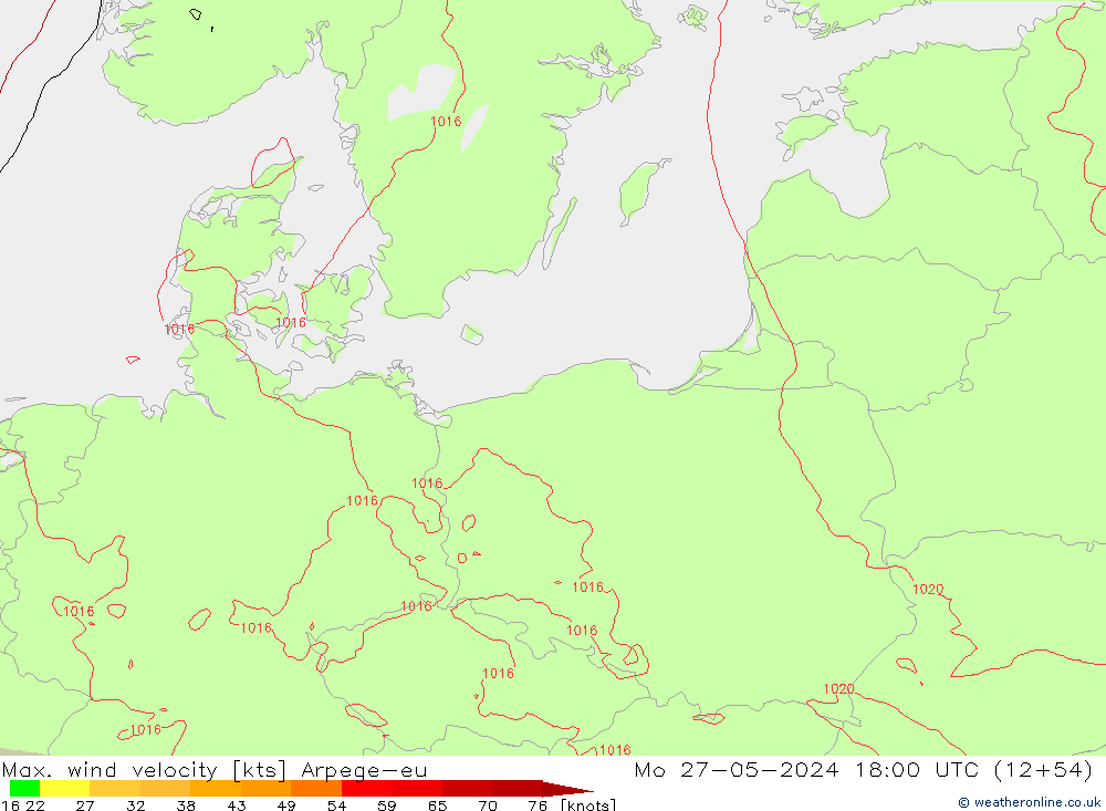 Max. wind velocity Arpege-eu Mo 27.05.2024 18 UTC