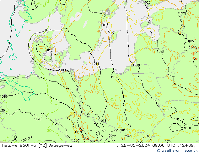 Theta-e 850hPa Arpege-eu mar 28.05.2024 09 UTC