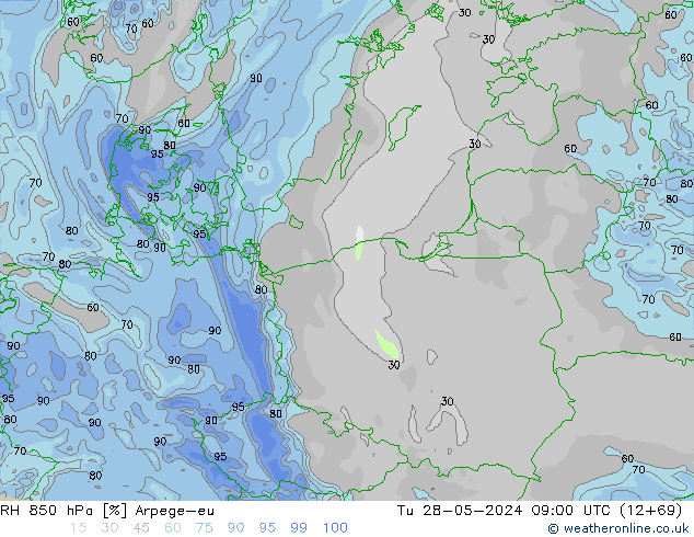Humidité rel. 850 hPa Arpege-eu mar 28.05.2024 09 UTC
