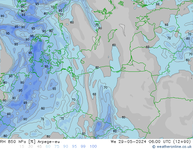 RH 850 hPa Arpege-eu Mi 29.05.2024 06 UTC