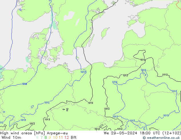 High wind areas Arpege-eu St 29.05.2024 18 UTC