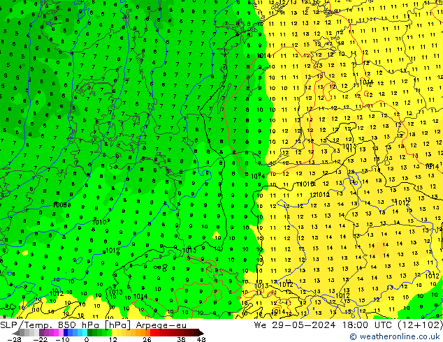 SLP/Temp. 850 hPa Arpege-eu St 29.05.2024 18 UTC