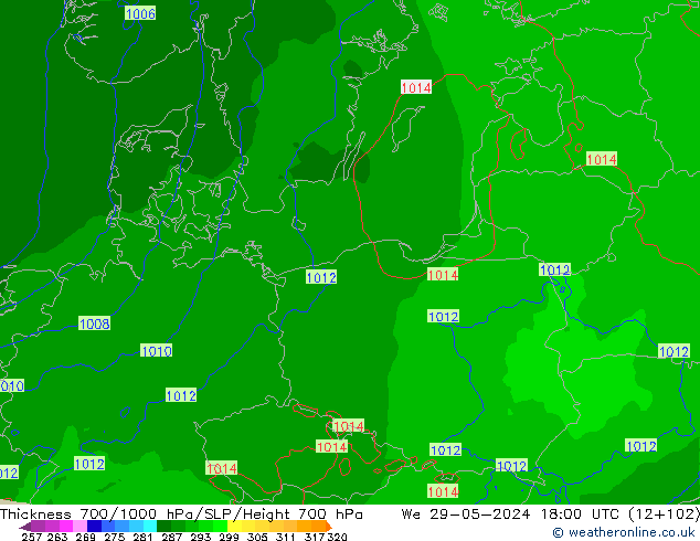 Thck 700-1000 hPa Arpege-eu St 29.05.2024 18 UTC