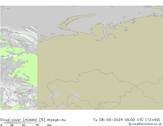 Cloud cover (middle) Arpege-eu Tu 28.05.2024 09 UTC