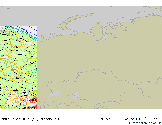 Theta-e 850hPa Arpege-eu Út 28.05.2024 03 UTC