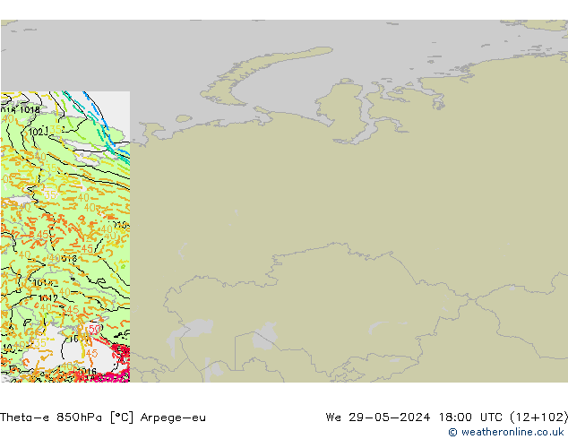 Theta-e 850hPa Arpege-eu śro. 29.05.2024 18 UTC