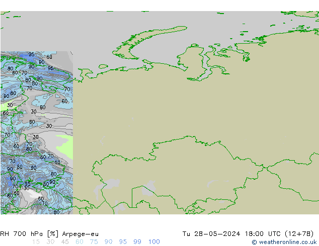 RH 700 гПа Arpege-eu вт 28.05.2024 18 UTC