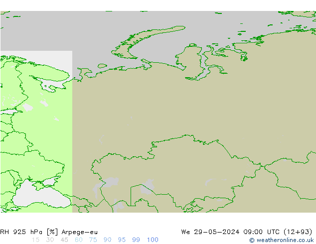 Humidité rel. 925 hPa Arpege-eu mer 29.05.2024 09 UTC