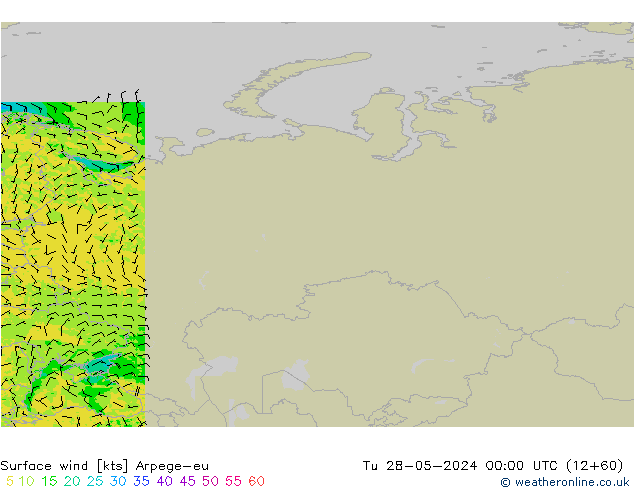 Surface wind Arpege-eu Út 28.05.2024 00 UTC