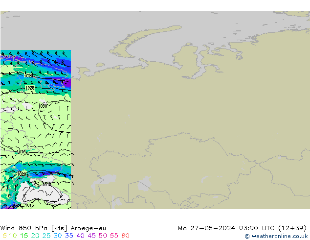 Vento 850 hPa Arpege-eu lun 27.05.2024 03 UTC
