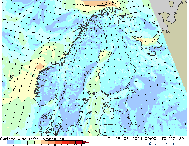 Surface wind (bft) Arpege-eu Tu 28.05.2024 00 UTC