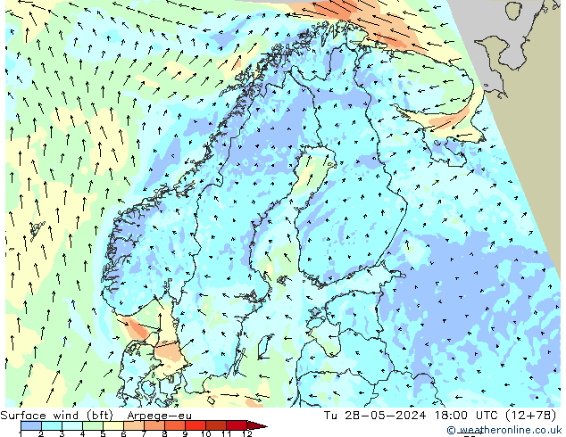 Viento 10 m (bft) Arpege-eu mar 28.05.2024 18 UTC