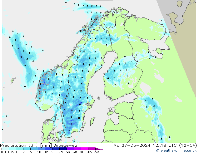 Precipitation (6h) Arpege-eu Mo 27.05.2024 18 UTC