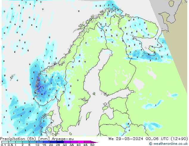 Précipitation (6h) Arpege-eu mer 29.05.2024 06 UTC