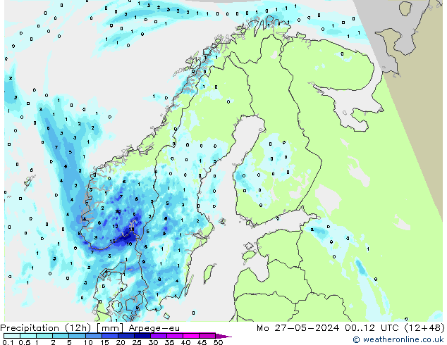 Precipitation (12h) Arpege-eu Mo 27.05.2024 12 UTC