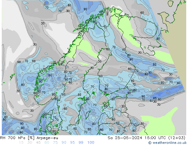 Humedad rel. 700hPa Arpege-eu sáb 25.05.2024 15 UTC