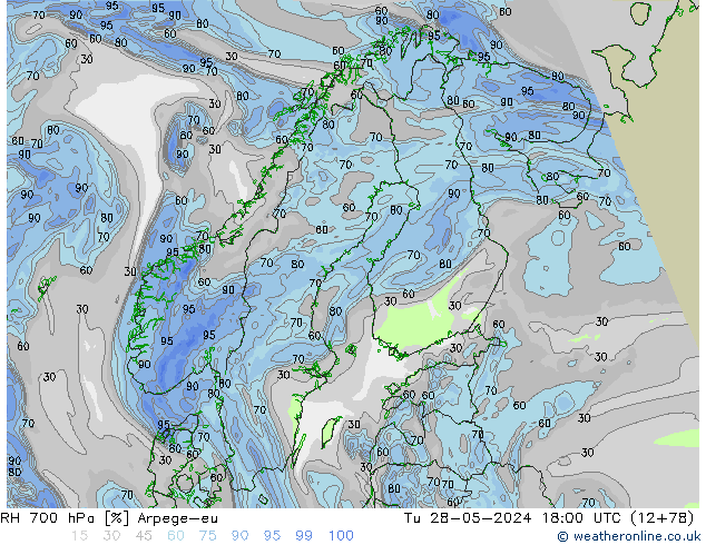 RH 700 hPa Arpege-eu Tu 28.05.2024 18 UTC