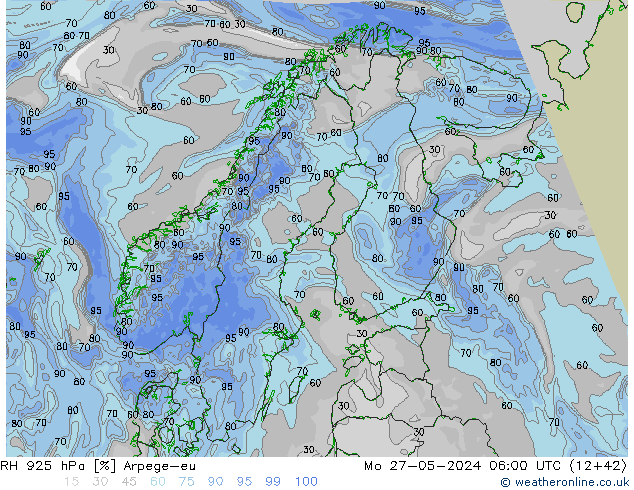 Humidité rel. 925 hPa Arpege-eu lun 27.05.2024 06 UTC