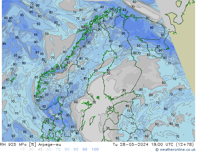 Humedad rel. 925hPa Arpege-eu mar 28.05.2024 18 UTC