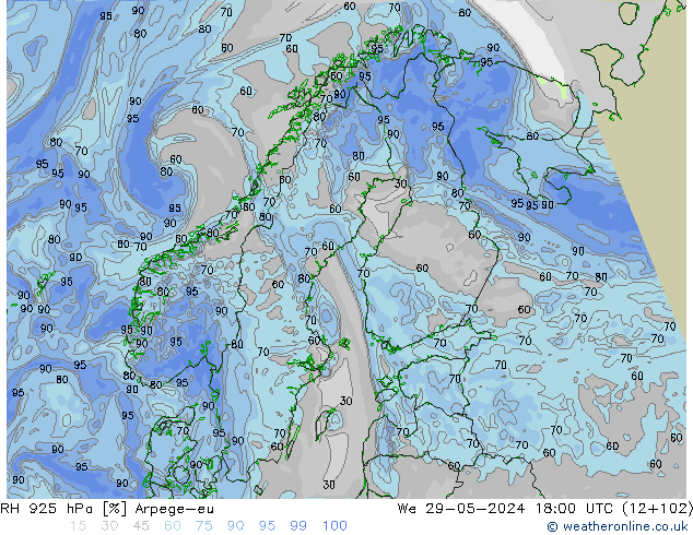 RH 925 hPa Arpege-eu St 29.05.2024 18 UTC