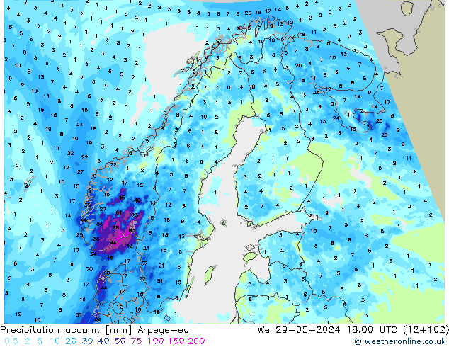 Totale neerslag Arpege-eu wo 29.05.2024 18 UTC
