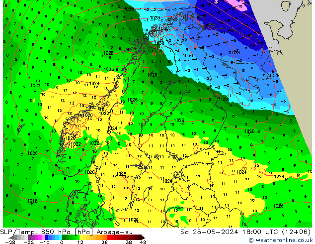 SLP/Temp. 850 hPa Arpege-eu Sa 25.05.2024 18 UTC