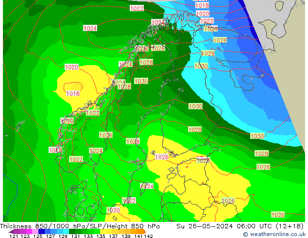 Dikte 850-1000 hPa Arpege-eu zo 26.05.2024 06 UTC