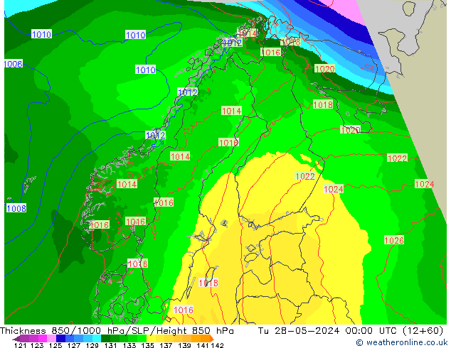 Espesor 850-1000 hPa Arpege-eu mar 28.05.2024 00 UTC