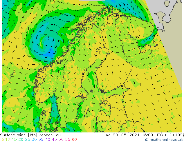 Vent 10 m Arpege-eu mer 29.05.2024 18 UTC