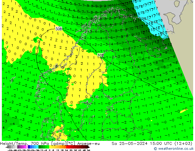 Height/Temp. 700 hPa Arpege-eu So 25.05.2024 15 UTC