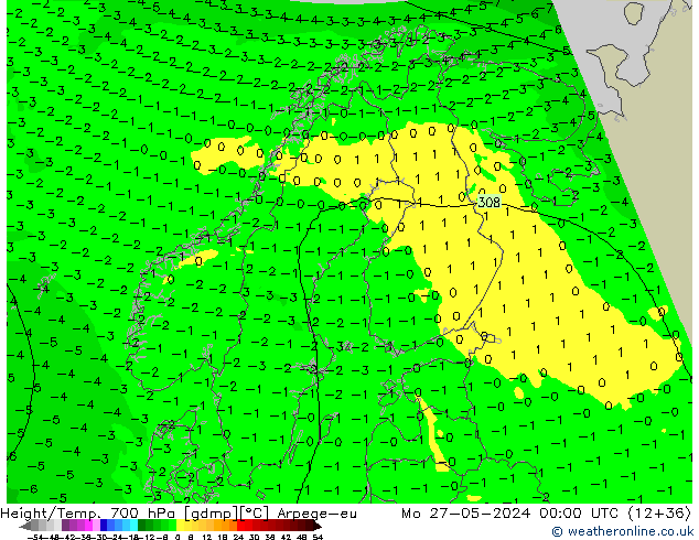 Height/Temp. 700 hPa Arpege-eu Mo 27.05.2024 00 UTC