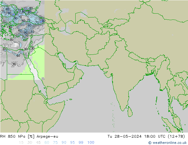 Humidité rel. 850 hPa Arpege-eu mar 28.05.2024 18 UTC