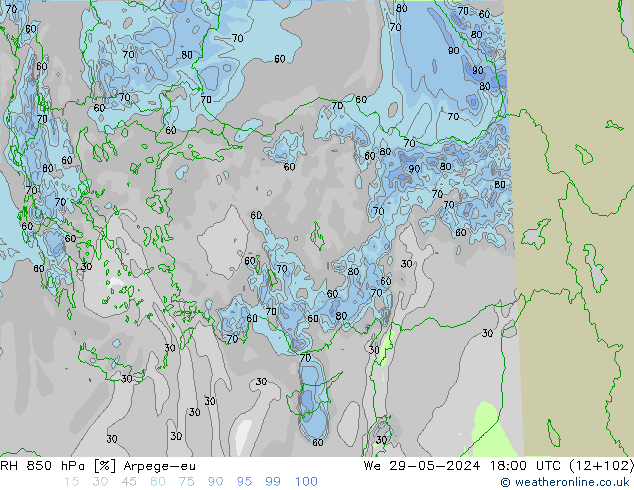 RH 850 hPa Arpege-eu Mi 29.05.2024 18 UTC