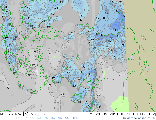 RH 925 hPa Arpege-eu mer 29.05.2024 18 UTC