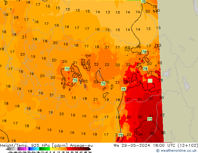 Height/Temp. 925 hPa Arpege-eu Qua 29.05.2024 18 UTC