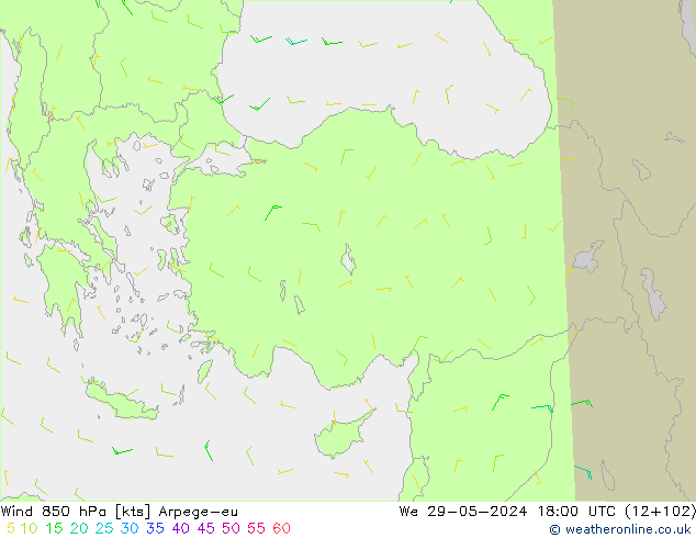 Vento 850 hPa Arpege-eu mer 29.05.2024 18 UTC