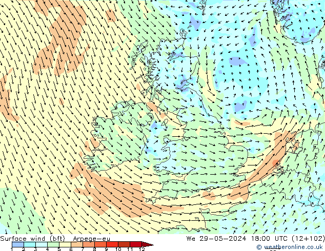 Viento 10 m (bft) Arpege-eu mié 29.05.2024 18 UTC