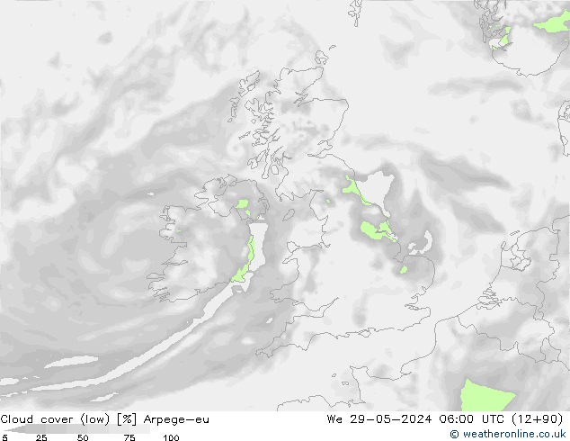 Cloud cover (low) Arpege-eu We 29.05.2024 06 UTC