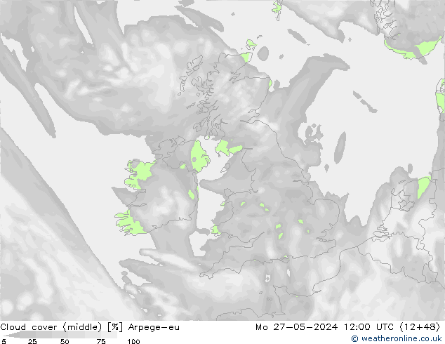Cloud cover (middle) Arpege-eu Mo 27.05.2024 12 UTC