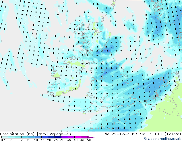 Precipitation (6h) Arpege-eu We 29.05.2024 12 UTC