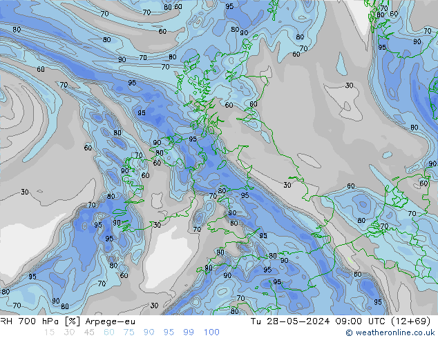 RH 700 hPa Arpege-eu Tu 28.05.2024 09 UTC